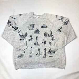 Vintage Light Houses All Over Print AOP Michigan Rag Crewneck Sweatshirt XXL USA